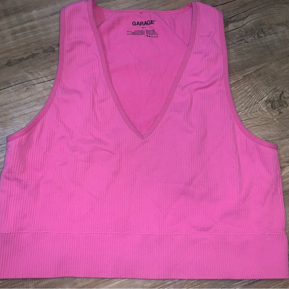 Garage hot pink ribbed plunge crop top